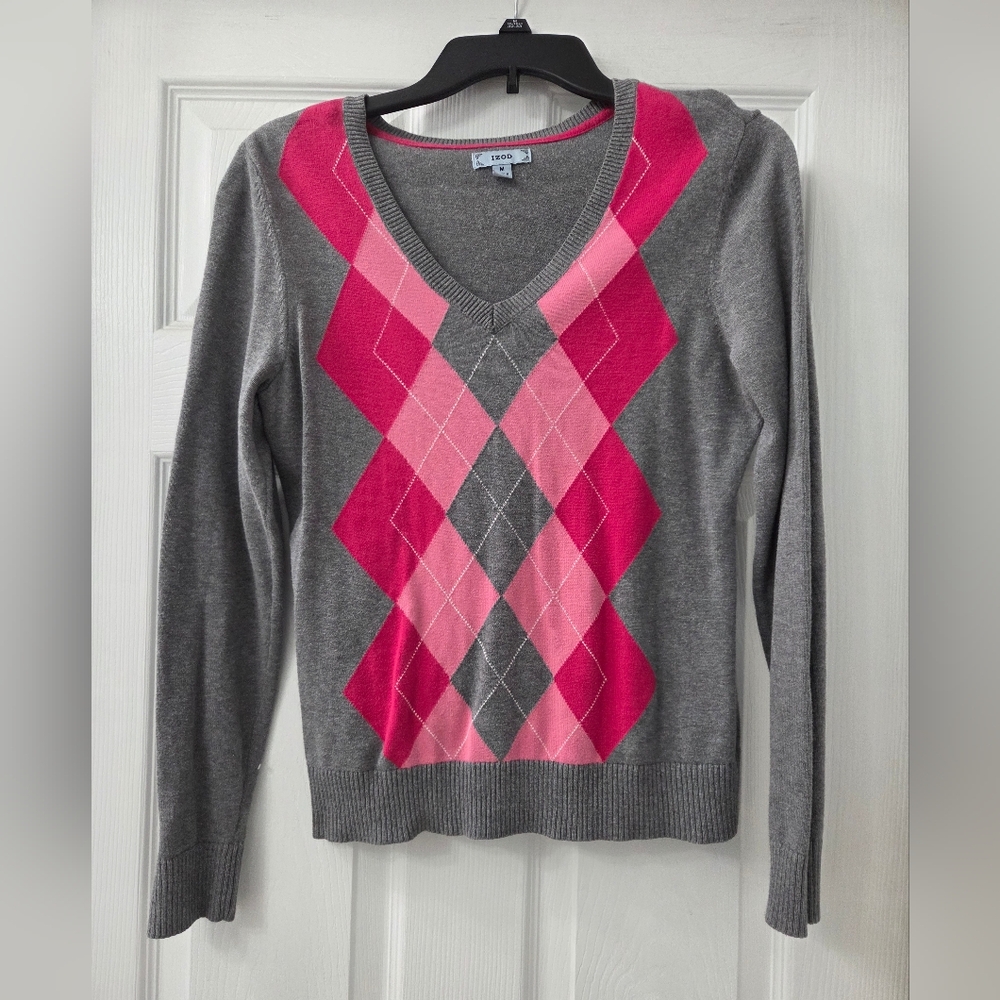 Izod Gray & Pink Argyl Knit Sweater
